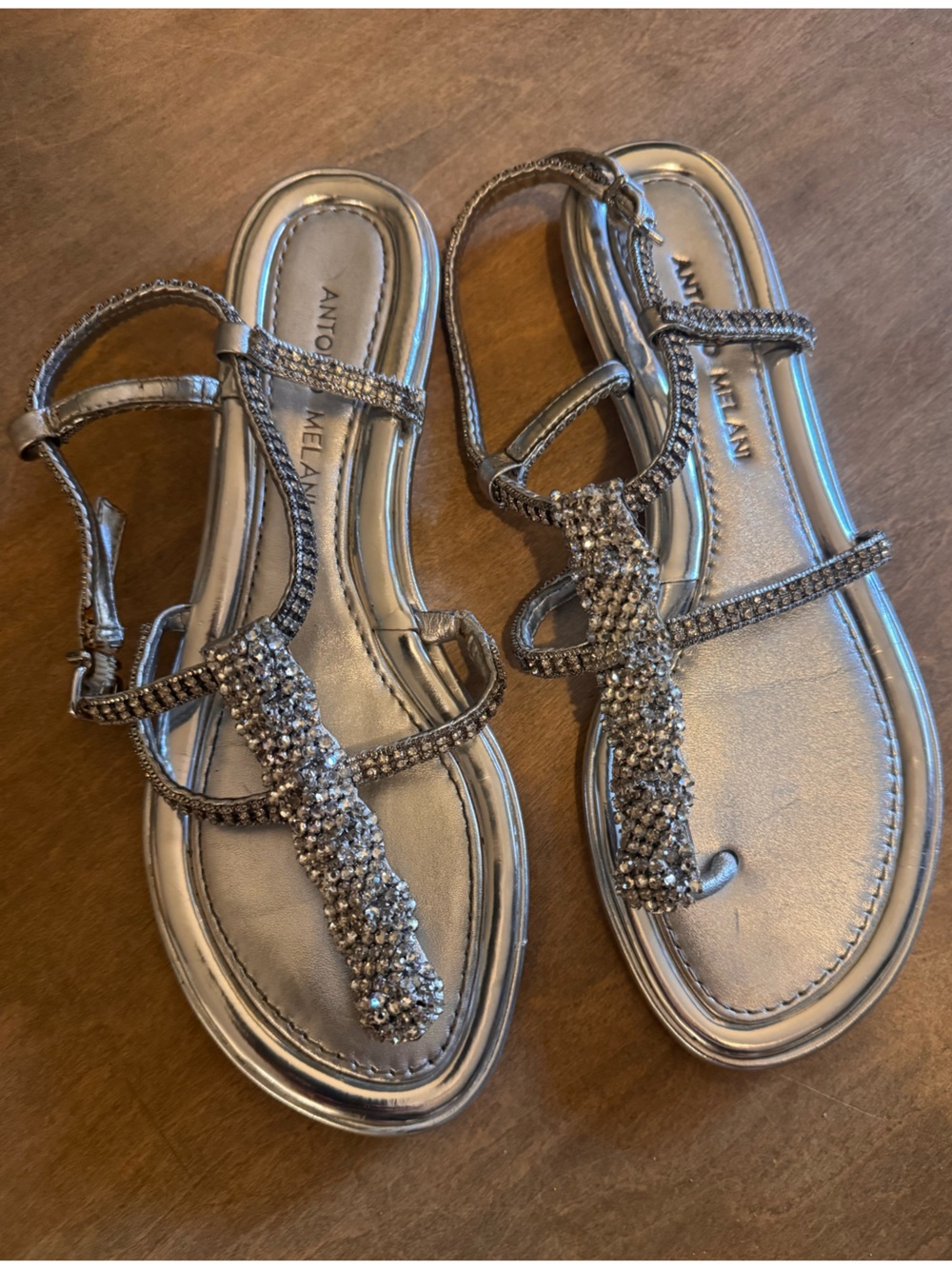 Antonio Melani Silver Rhinestone Strappy Ankle Strap Buckle Flat Sandals 7.5